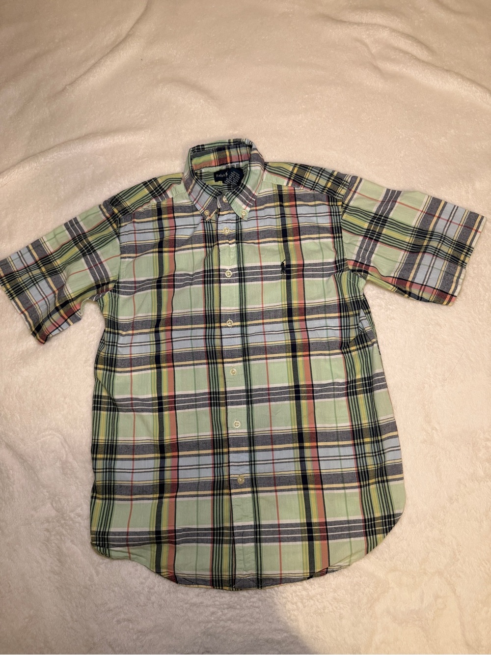 Ralph Lauren Boys Green Plaid Short-Sleeve Button-Down Shirt Sz M